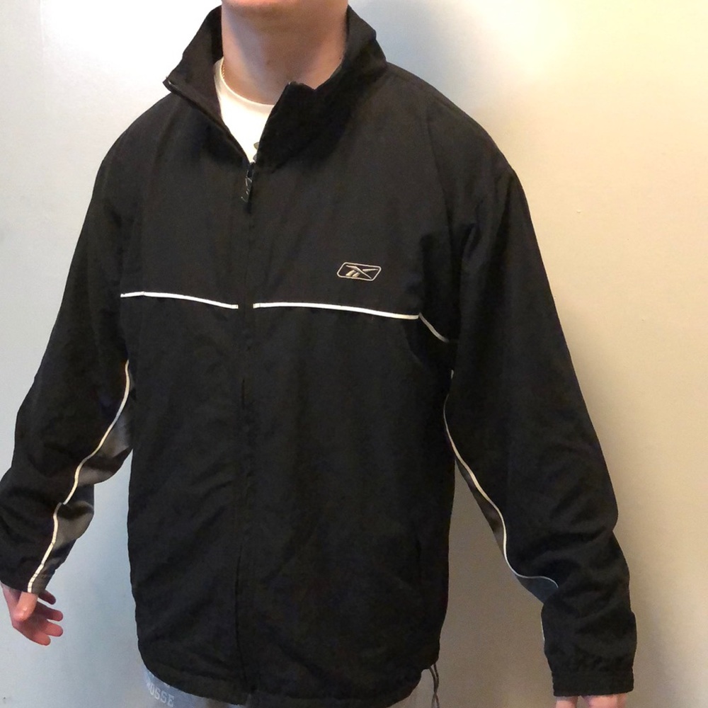 Vintage 90’s Reebok full zip, large, black, cotton lined, windbreaker jacket